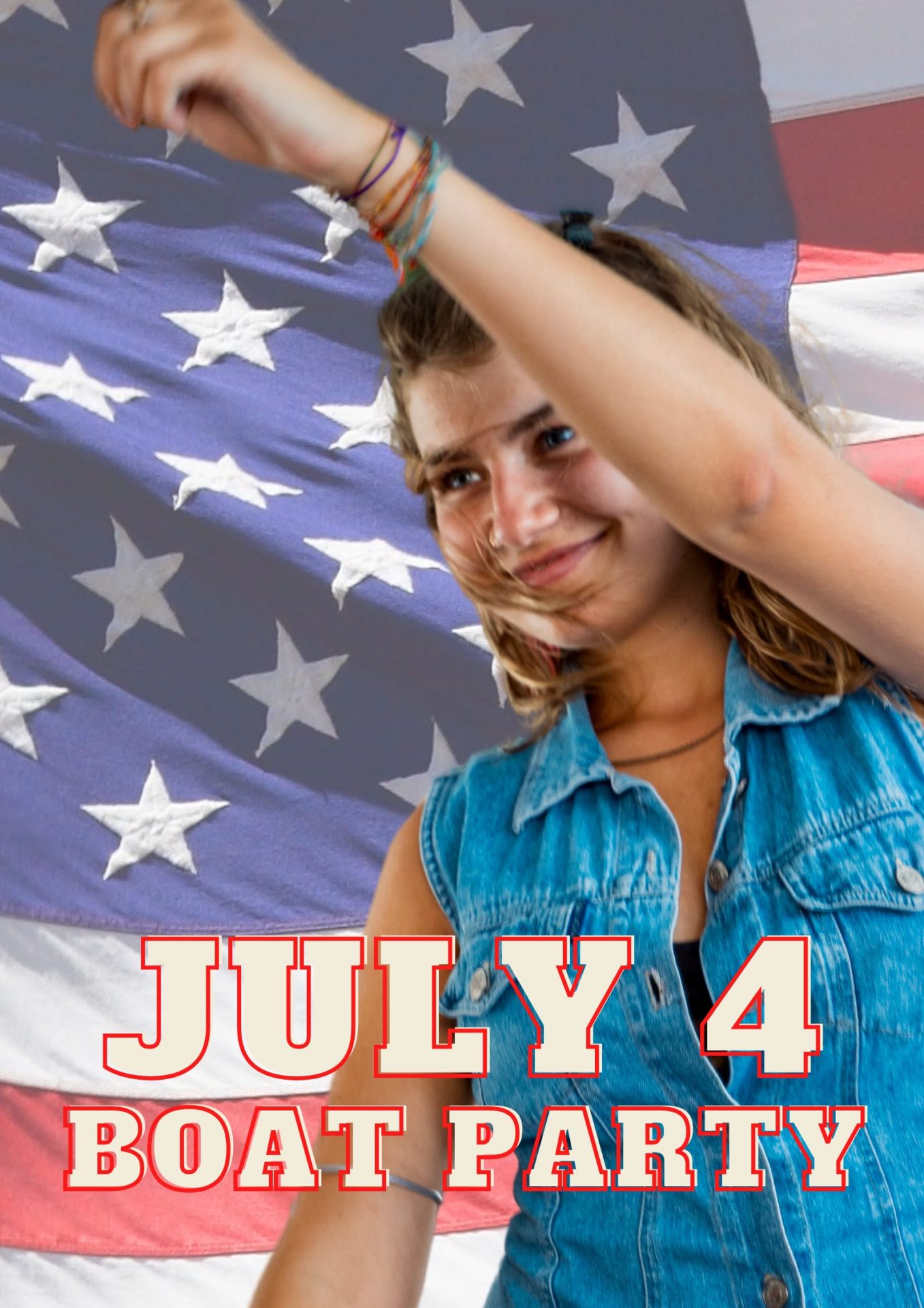Woman in denim dancing on a boat, celebrating the 4th of July with an American flag waving in the background.
